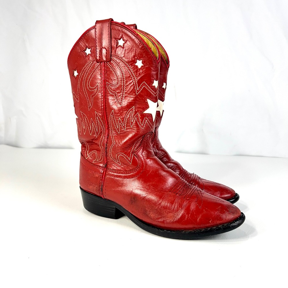 Vintage Justin Western Cowboy Riding Boots Red White Stars Kids 1